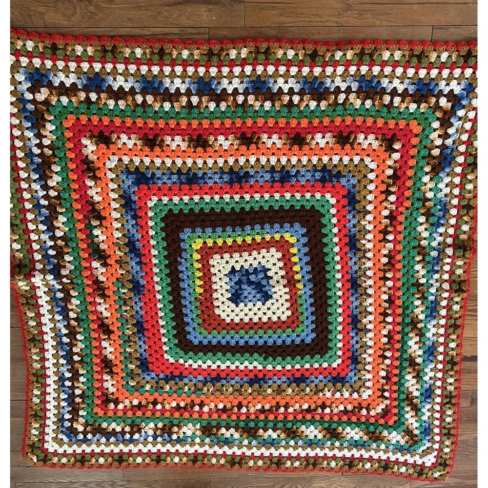 Vtg‎ Granny Square Crochet Afghan Blanket Blue/Brown/Red/White 48x48 Lap Blanket